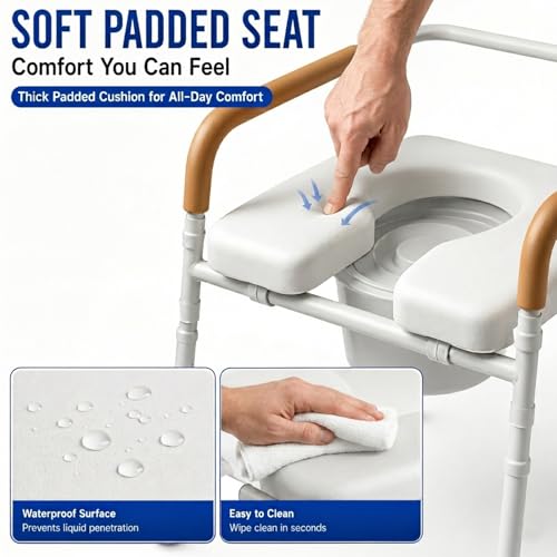 3-in-1 Bedside Commode for Seniors | 350lbs Reinforced Iron, Padded Seat & Arms, Height Adjustable Toilet Rails, Raised Toilet Seat with Bucket & Splash Guard