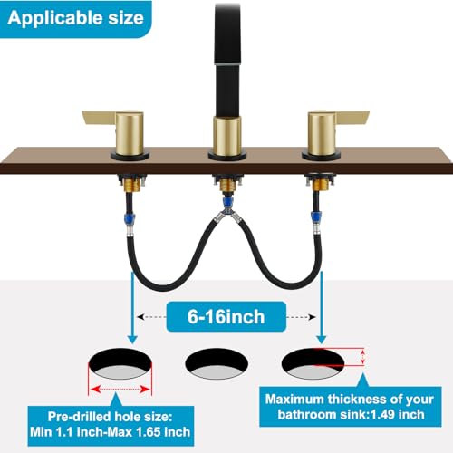 Midanya 8 Inch Widespread Bathroom Sink Faucet 3 Hole,Black and Gold Handle | Waterfall Swivel Spout,2 Handle,SUS304,with Pop Up Drain,cUPC 24" Water Hose,for 6-16” hole distance vanity,RV,Farmhouse Sink - color: Black/Gold Handle