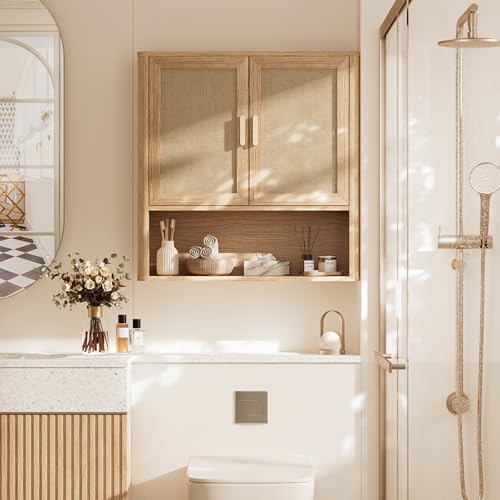 Rattan Bathroom Wall Cabinet with Open Compartments, Wall-Mounted Medicine Cabinet with Adjustable Wood Shelf & Doors, Over the Toilet Storage Cabinet for Laundry Room & Kitchen & Living Room - color: Oak Wood