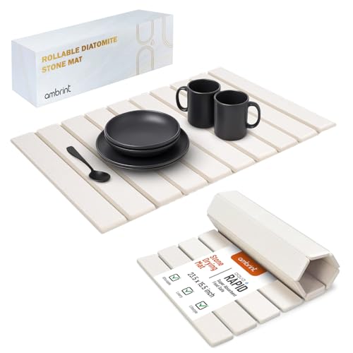 Stone Dish Drying Mat For Kitchen Counter Off-White 24"x16" – Quick Dry & Foldable Diatomaceous Earth Mat for Dish , Bottle , Cup , Tableware & Match Any Countertop.