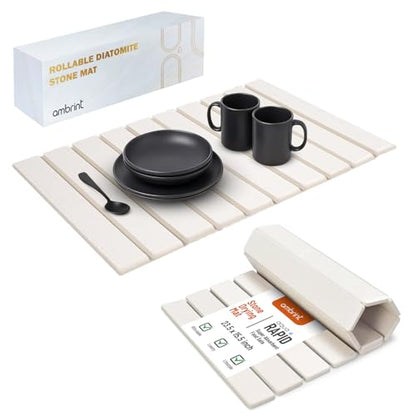 Stone Dish Drying Mat For Kitchen Counter Off-White 24"x16" – Quick Dry & Foldable Diatomaceous Earth Mat for Dish , Bottle , Cup , Tableware & Match Any Countertop.