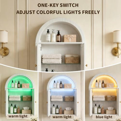Bathroom Wall Cabinet with LED Light, Over The Toilet Storage Cabinet, Arched Bathroom Cabinet Wall Mount with 2 Doors & Adjustable Shelves, Above Bathroom Sink Cabinet for Laundry Kitchen (White) - color: White