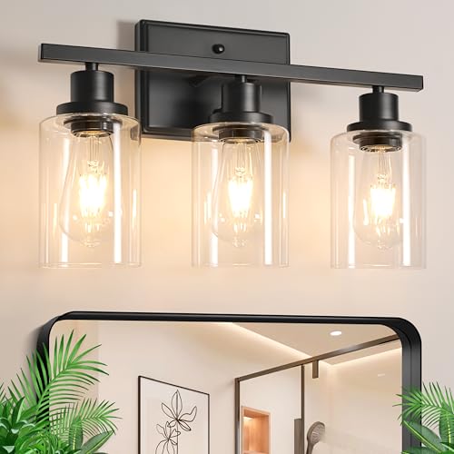 Ascher Bathroom Vanity Light Fixtures, 3 Light Wall Sconces Lighting with Clear Glass Shade, Black Wall Lights for Mirror, Kitchen, Living Room, Gallery, Hallway, E26 Base (Bulbs Not Included) - color: Black, size: 3 Light