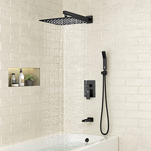 SR SUN RISE 16 Inch All Metal Square Shower System with Tub Spout, Tub Shower Faucet Set, High Pressure Rain Shower Head and Handheld Sprayer Shower Fixtues, Valve Included, Matte Black - color: Matte Black, size: 16 Inch