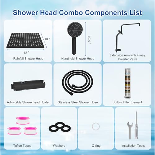 Metal 12" Rain Showerhead with 10-Spray Handheld, Easy Reach 4-way Diverter | Matte Black Finish, Upgraded High Pressure Shower Head with Pause Mode, 71" Stainless Steel Hose/12" Extension Arm - color: Matte Black, style: Square 12"