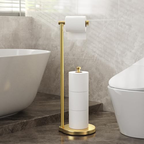 theaoo Heavy-Duty Toilet Paper Holder Stand, Bathroom Storage, Gold | Freestanding Toilet Tissue Paper Roll Holder with Reserve Storage. Stainless Steel Stand For Bathroom, Holds Extra Rolls - color: Brushed Gold