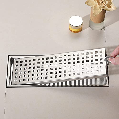 12 Inch Rectangular Shower Floor Drain, Detachable to Insert The Mesh Grille Cover, SUS304 Stainless Steel, Brushed Nickel - color: Brushed Nickel