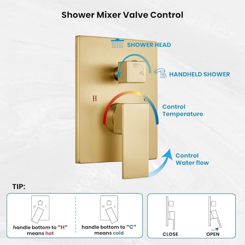 gotonovo Ceiling Shower System with Handheld Brushed Gold,12 inch Head | Ceiling Mount Bathroom Shower Faucet Set,SUS304 Rainfall Head and Handle Set Combo,Brass Valve Trim Kit,All Metal - color: Gold, size: 12 inch Head