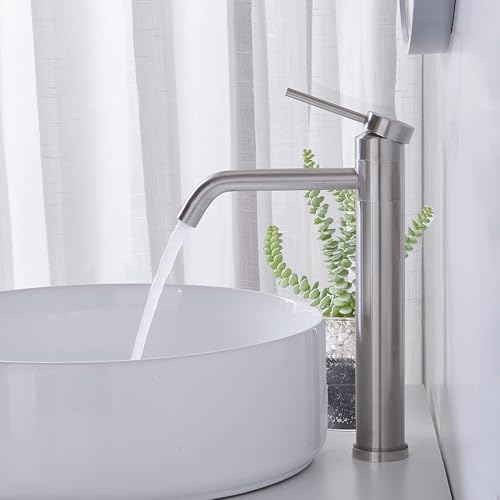 Hotis Vessel Sink Faucet Brushed Nickel, Stainless Steel Tall Bathroom Faucet with 360° Swivel Spout, Single Handle 1 Hole Bathroom Faucets with Supply Lines and Pop Up Drain, HT-BF100 - color: Brushed Nickel