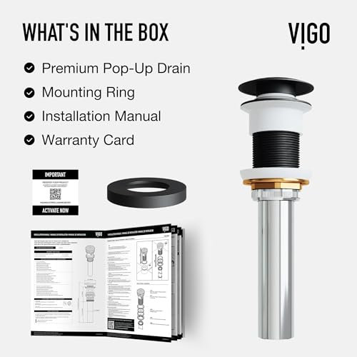 Vigo Bathroom Sink Pop Up Drain Without Overflow, Matte Black Drain Stopper with ClogFree QuickDrain Technology & Matching Mounting Ring - color: Matte Black