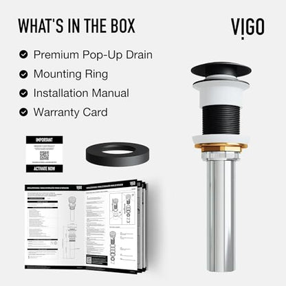 Vigo Bathroom Sink Pop Up Drain Without Overflow, Matte Black Drain Stopper with ClogFree QuickDrain Technology & Matching Mounting Ring - color: Matte Black