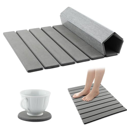 Foldable Stone Bath Mat with Round Coaster,23.62 x 15.35 inch Super Absorbent Diatomaceous Earth Mats,Collapsible Quick Dry Dish Drying Mat,for Dishes Bottles Cups Bathroom
