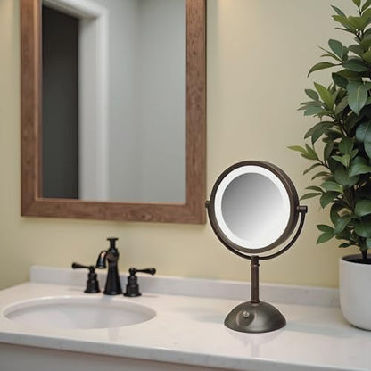 JERDON Lighted Makeup Mirror with 8X Magnification - Bronze - HL8808BZL | Two-Sided 1X View, 8.5" Round Frame, 16" Tall, LED Lighting - color: Bronze