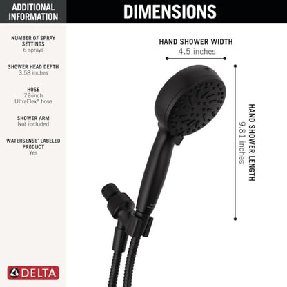 Delta Faucet ProClean Matte Black Shower Head with Handheld, Showerhead with High Pressure Spray, Handheld Shower Head, 6 Spray Settings, Matte Black 75740BL - color: Matte Black