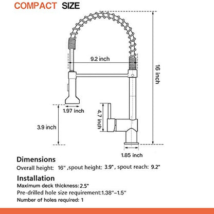 Kitchen Faucet with Pull Down Sprayer, Stainless Steel, Chrome | 1 Handle Spring Sink Faucets, Lead-Free Stainless Steel, 1 or 3-Hole with Deck Plate,Farmhouse, RV, Bar, Laundry Room - color: D - Chrome