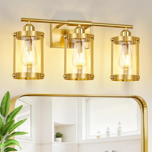 3-Light Brushed Gold Bathroom Light Fixtures, 21 Inch Modern Bathroom Vanity Lighting Fixtures Over Mirror with Clear Glass and Metal Cage Wall Sconce Lights for Bath, E26, OS-3014BG-3W - color: Gold + Clear Glass, size: 3-Light, 21" L