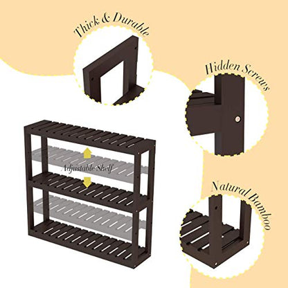 Domax Bamboo Bathroom Shelf 3-Tier Wall Mount Storage Rack Multifunctional Adjustable Layer Free Standing Over Toilet Utility Shelves Living Room Kitchen (Brown) - color: Brown
