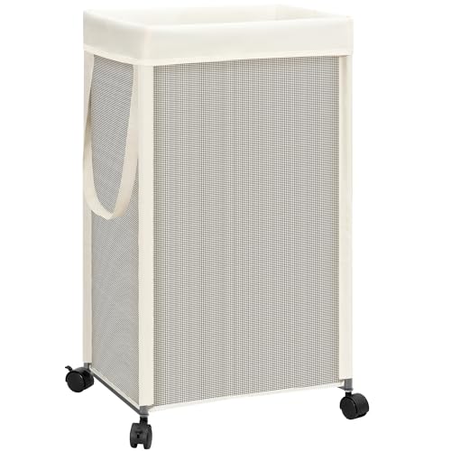 STORAGE MANIAC Laundry Hamper with Wheels, 90L (23.7 Gal) Large Tall Rolling Laundry Basket with Removable and Washable Liner Bag, Aesthetic Dirty Clothes Hamper for College, Dorm, Off-white