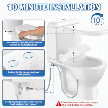Bidet Attachment for Toilet, Non-Electric Ultra-Slim Bidet Toilet Seat Adjustable Water Pressure with Self-Cleaning Dual Nozzle (Frontal & Rear Wash), White