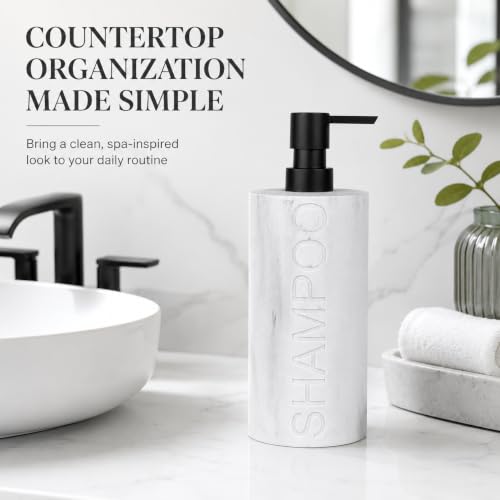 Resin White Marbled Shampoo Engraved Bottle Refillable Pump Dispenser, Durable Waterproof Construction for Bath, Shower - Resin White Marble - Matte Black Pump - color: Shampoo White