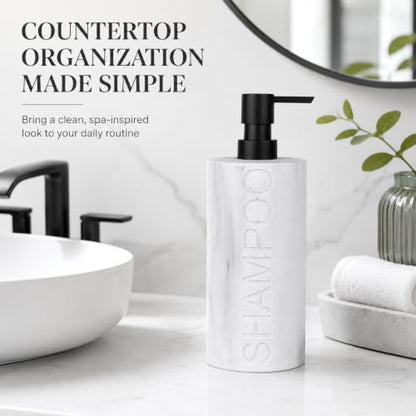 Resin White Marbled Shampoo Engraved Bottle Refillable Pump Dispenser, Durable Waterproof Construction for Bath, Shower - Resin White Marble - Matte Black Pump - color: Shampoo White
