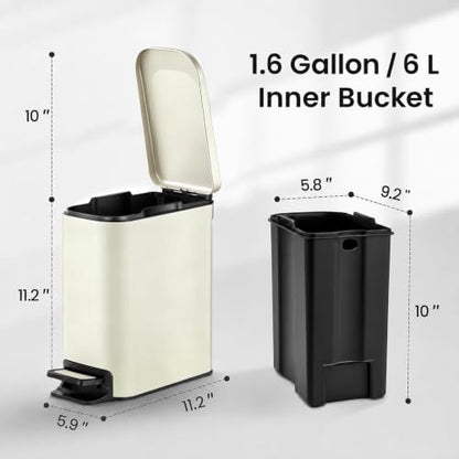 TIPGO Slim Bathroom Trash Can with Lid Soft Close, 6 Liter / 1.6 Gallon Stainless Steel Garbage with Removable Inner Bucket, Small Trash Bins for Bedroom, Office (Cream) - color: Cream