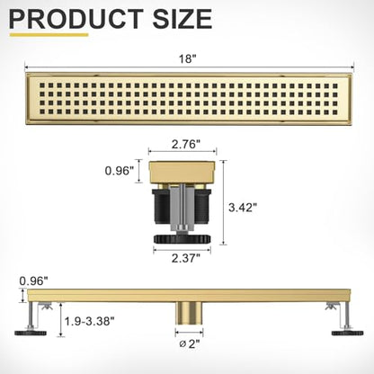 Linear Shower Drain - 18 Inch Brushed Gold, with Grate Removable | AISI 304 Stainless Steel Shower Drain with Adjustable Feet, Hair Catcher, Rectangle Shower Floor Drain Fits Bathroom, Balcony - color: Brushed Gold, size: 18 Inch