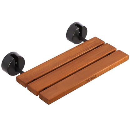 20" Luxury Teak Folding Shower Seat, Sturdy 400lb Capacity, Space-Saving Fold Down/Up Shower Bench Wall Mount, Easy Install, Matte Black Fitting - size: Matte Black Fitting