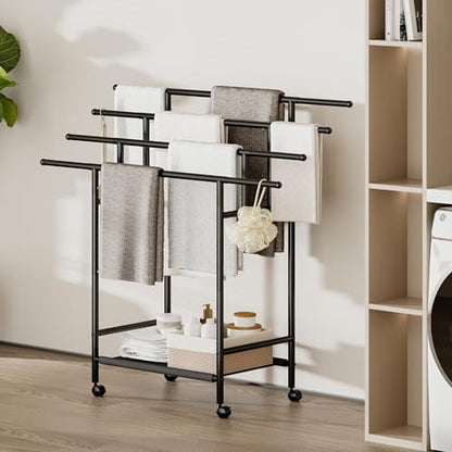 Homeiju Expandable Free Standing Towel Rack for Bathroom, 4 Tier Blanket Rack, Adjustable Blanket Holder for Bathroom, Towel Drying Rack Stand for Outdoor, Poolside, Black