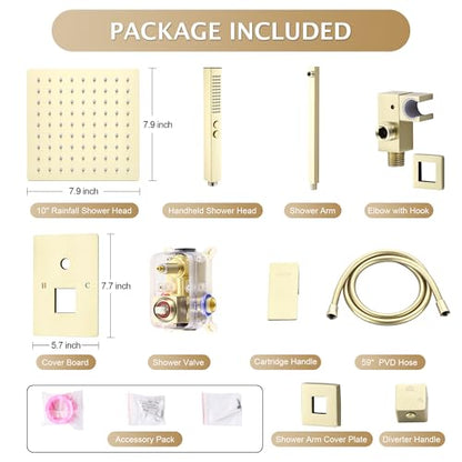 Rain Shower System, 8''Square Rain Head,2-Spray Handheld,Gold | 2 Spray Functions,Anti-Tangle Explosion-proof PVD Hose,Balance Temp Valve,Rust-proof & Scratch-resistant - color: Brushed Gold, size: 8 Inch