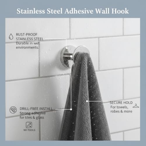 Wall Hook Stainless Steel Adhesive Mount for Bathroom Tile and Glass, Drill-Free Holder for Wet Towels and Robes (1 Piece) - size: 2.05 x 2.28 x 2.13 in