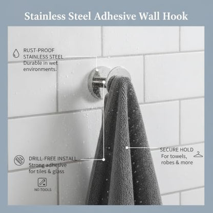 Wall Hook Stainless Steel Adhesive Mount for Bathroom Tile and Glass, Drill-Free Holder for Wet Towels and Robes (1 Piece) - size: 2.05 x 2.28 x 2.13 in