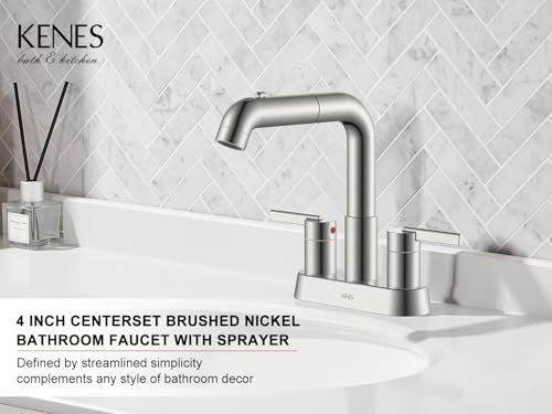 Brushed Nickel Pull Down Centerset Bathroom Faucet 2 Handle 3 Hole | Pull Out Bathroom Faucet with Pop Up Drain & Supply Lines, Lead-Free cUPC & NSF Certified, 4 Inch Faucet for Vanity RV Sink - color: Brushed Nickel