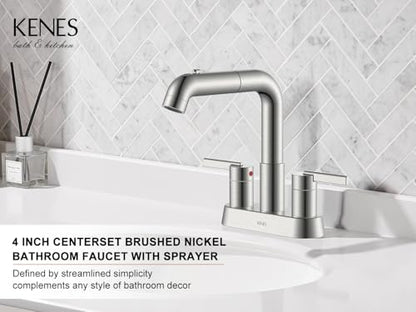 Brushed Nickel Pull Down Centerset Bathroom Faucet 2 Handle 3 Hole | Pull Out Bathroom Faucet with Pop Up Drain & Supply Lines, Lead-Free cUPC & NSF Certified, 4 Inch Faucet for Vanity RV Sink - color: Brushed Nickel