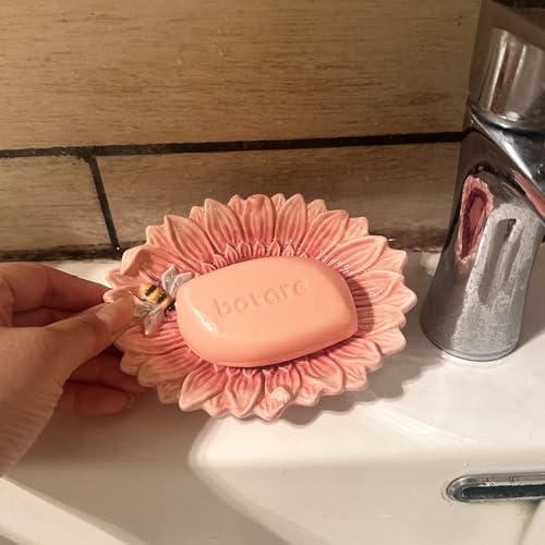 Ceramic Sunflower Bathroom Accessories Set, 4 Piece Bathroom Ensemble Set with Toothbrush Holder, Toothbrush Cup, Soap Dispenser, Soap Dish (Pink) - color: Pink