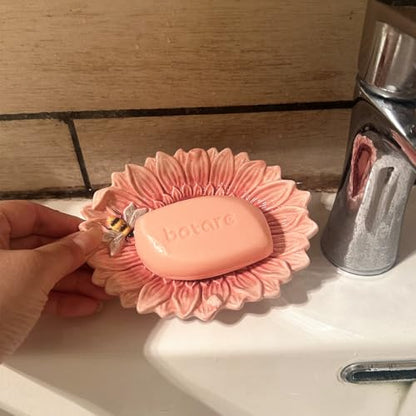 Ceramic Sunflower Bathroom Accessories Set, 4 Piece Bathroom Ensemble Set with Toothbrush Holder, Toothbrush Cup, Soap Dispenser, Soap Dish (Pink) - color: Pink