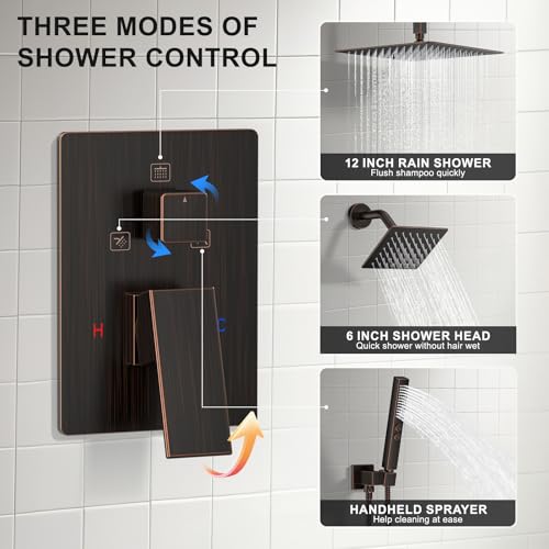 Rain Shower System 12" & 6" Dual Shower Heads Ceiling Shower Faucet Set | Ideal for bathroom remodels and upgrades with 12" rain shower, 6" angled shower, handheld spray and complete valve kit. - color: Oil Rubbed Bronze, size: Ceiling Mounted - 12"+6" Sh