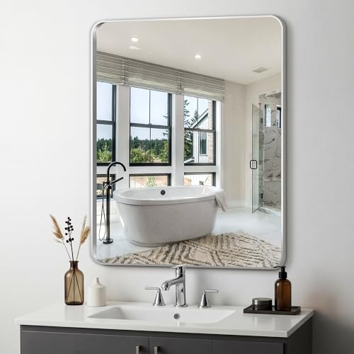 Bathroom Vanity Mirror, Silver Framed Mirror for Over Sink, 36x30 | HD glass, distortion-free for makeup and grooming, Sturdy frame, all mounting hardware, hangs horizontal or vertical - color: Rect Silver, size: 36"L x 30"W