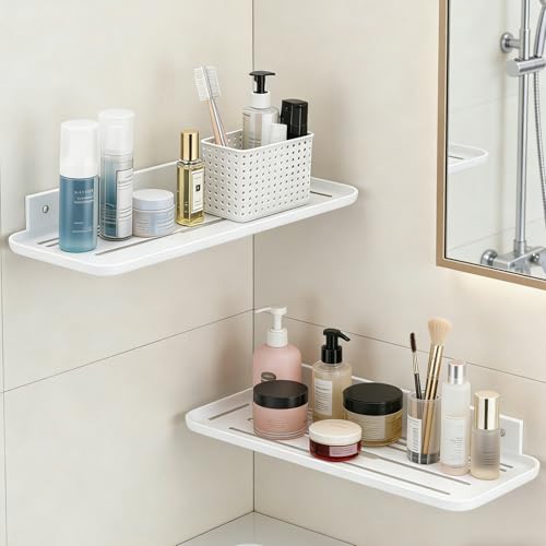 Wall Mounted Floating Shelf, Self Adhesive Shelf, No Drill Adhesive Wall Shelf, Floating Shelves Damage-Free Expand Walls Space for Living Room Kitchen Bathroom (2, White) - color: White
