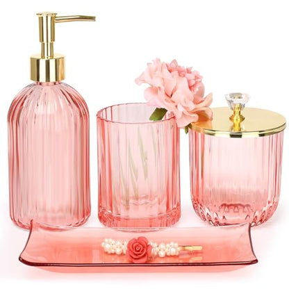 Haturi Bathroom Accessories Set, 4 Pcs Pink Glass Bathroom Accessories Sets Complete w/Lotion Soap Dispenser, Toothbrush Holder, Apothecary Jar, Vanity Tray, Bathroom Decor, Gift for Home Apartment | Kit w/ Bathroom Soap Dispenser Set, Toothbrush Holder,