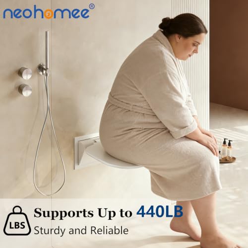 White Folding Shower Seat with Bistable Embedded Bracket | 15.7" Wide Shower Chair,Space-Saving Fold,Waterproof,440lb Capacity,Sturdy and Safety Bench for Adults - color: White