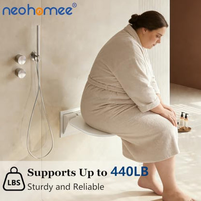 White Folding Shower Seat with Bistable Embedded Bracket | 15.7" Wide Shower Chair,Space-Saving Fold,Waterproof,440lb Capacity,Sturdy and Safety Bench for Adults - color: White