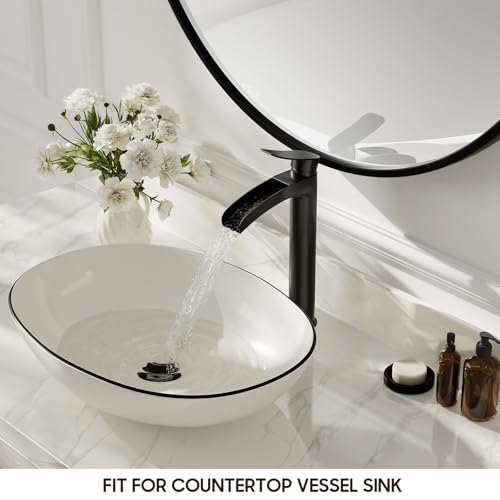 Phiestina Matte Black Tall Bathroom Vessel Sink Faucet, Waterfall Single Hole Single Handle Above Countertop Sink Bathroom Faucet, with Metal Pop Up Drain and Water Supply Lines, NS-SF01-MB-V - color: Matte Black, style: 1 pack