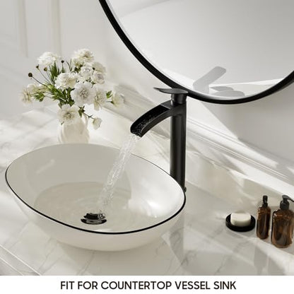 Phiestina Matte Black Tall Bathroom Vessel Sink Faucet, Waterfall Single Hole Single Handle Above Countertop Sink Bathroom Faucet, with Metal Pop Up Drain and Water Supply Lines, NS-SF01-MB-V - color: Matte Black, style: 1 pack