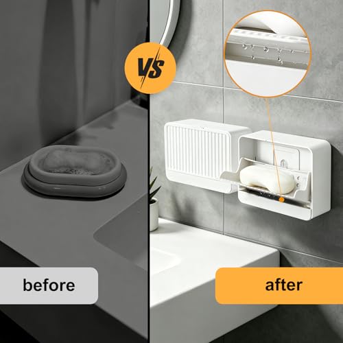 Strong Adhesive Hook Wall-Mounted Soap Dish Holder, 2-Layer Draining Tray with Removable Container, Keeps Soap Dry for Bathroom, Shower, Sink, Kitchen- Space Saver (1-Pack White-Single Compartment) - color: 1-pk White-single Compartment