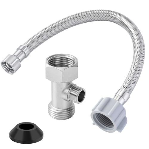 Blulu Bidet T Adapter, Brass 3 Way Valve with 12 Inch Toilet Connector | Fits 7/8" x 7/8" x 3/8" Bidet Connections, Solid Brass Valve, Stainless Steel Hose, Leak Resistant Seal for Toilet Bathroom