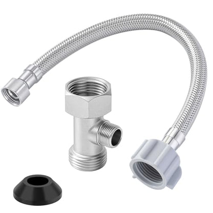 Blulu Bidet T Adapter, Brass 3 Way Valve with 12 Inch Toilet Connector | Fits 7/8" x 7/8" x 3/8" Bidet Connections, Solid Brass Valve, Stainless Steel Hose, Leak Resistant Seal for Toilet Bathroom