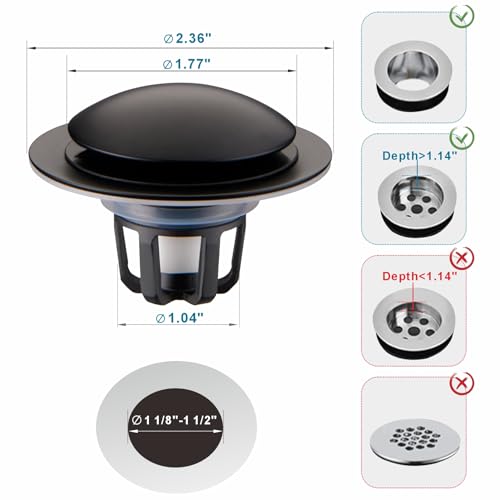 WELSAN Matte Black Bathroom Sink Drain Stopper 1 1/8"-1 1/2" Drain, 2 Pack | Bathroom Sink Stopper Replacement, Universal Pop-Up Drain Stopper Plug Strainer with Hair Catcher, Anti-Clogging Design - color: Matte Black-2