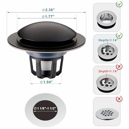 WELSAN Matte Black Bathroom Sink Drain Stopper 1 1/8"-1 1/2" Drain, 2 Pack | Bathroom Sink Stopper Replacement, Universal Pop-Up Drain Stopper Plug Strainer with Hair Catcher, Anti-Clogging Design - color: Matte Black-2