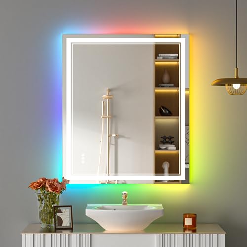 30x36 Inch RGB LED Bathroom Mirror with Lights | Front and RGB Backlit, Dimmable, Memory, Anti Fog, Shatterproof, Horizontal/Vertical, Lighted Mirrors for Bathroom Wall - color: Rgb Backlit, size: 30"L x 36"W